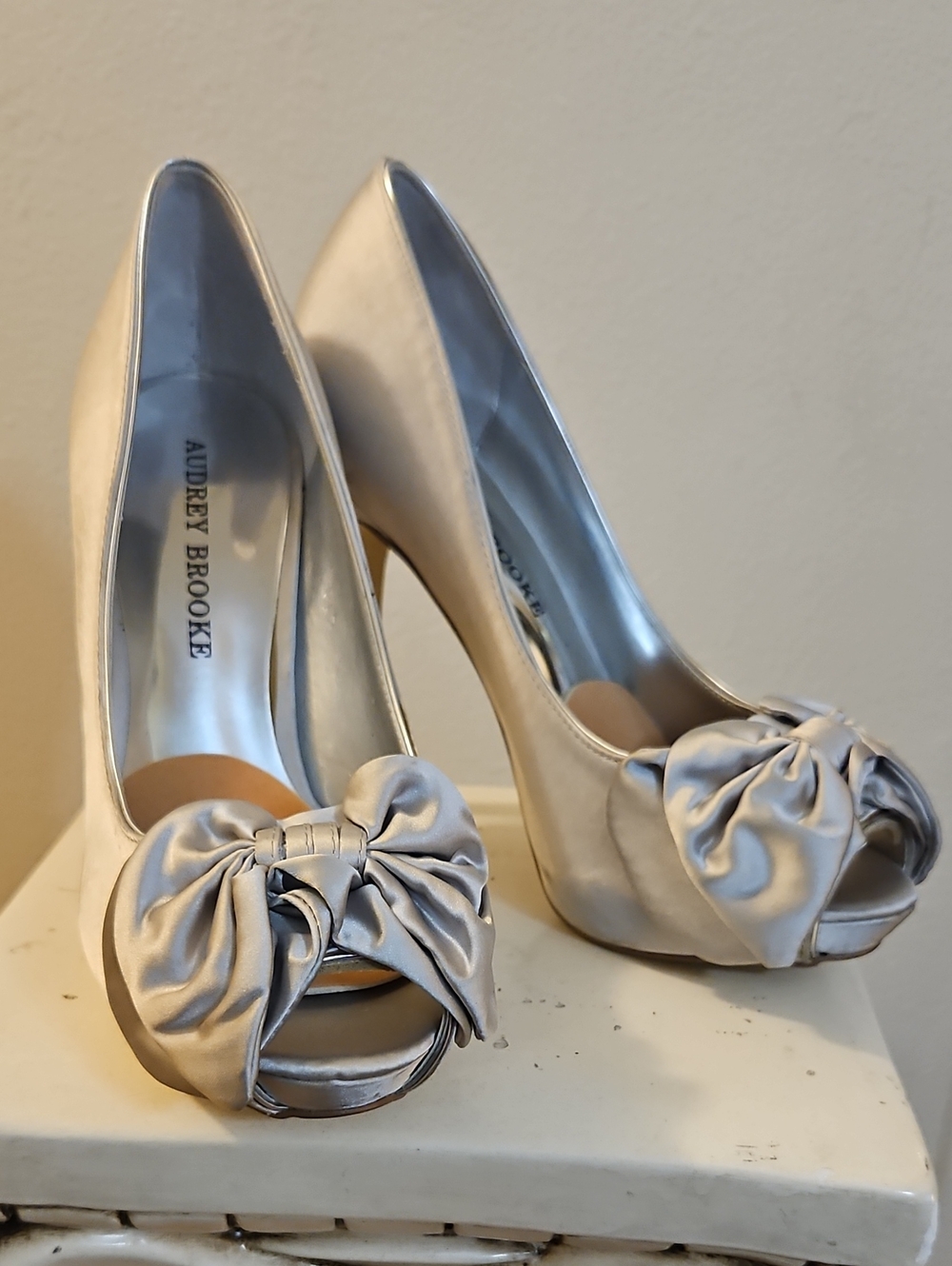 Audrey Brooke Satin Peep-Toe Heels with Decorative Bow - Silver, 6.5M